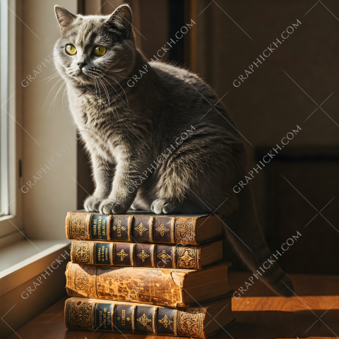 Cozy gray cat sits atop a stack of vintage books by a sunlit window in a quiet room