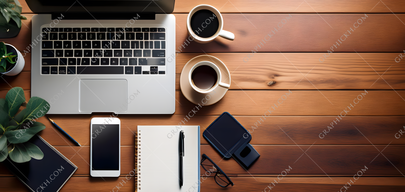 Cozy workspace with laptop, coffee, and notebooks on wooden table in a serene environment