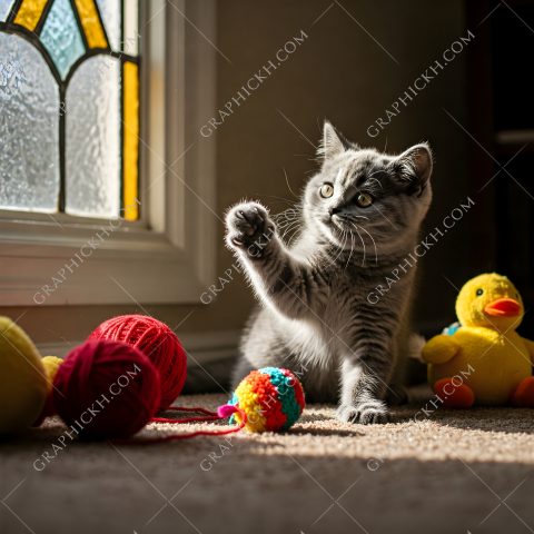 Curious gray kitten playing with colorful toys in a sunlit room near a stained glass window