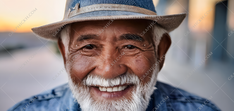 Elderly man smiling warmly while wearing a hat in a serene outdoor setting during sunset