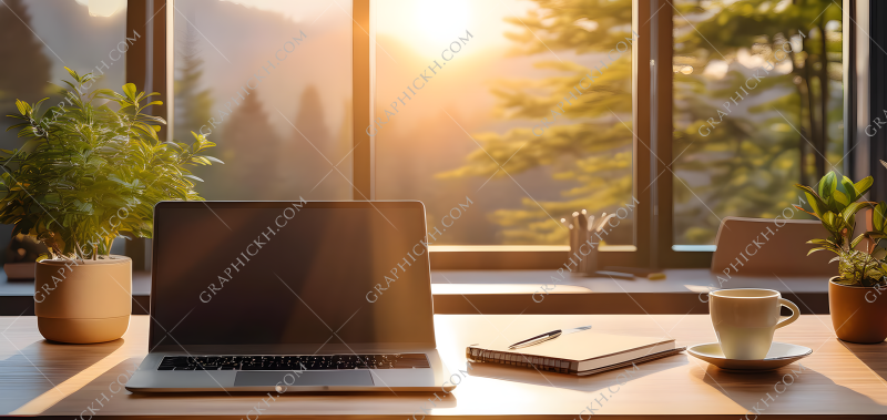 Morning workspace with laptop, plants, and coffee overlooking a scenic view of trees and mountains