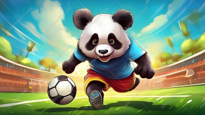 Panda gracefully playing soccer on a green field