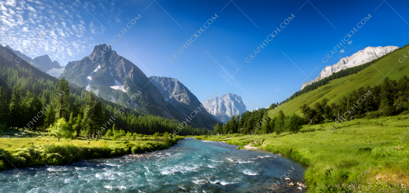 Scenic view of a river flowing through majestic green mountains under a clear blue sky during the day