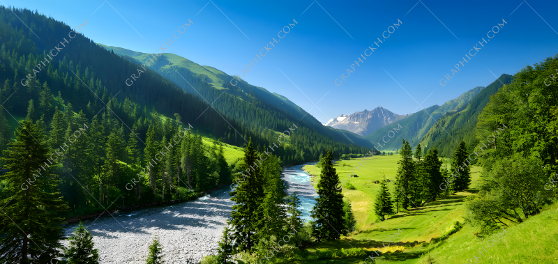 Scenic view of a tranquil river flowing through lush green hills under a bright blue sky in a mountainous region